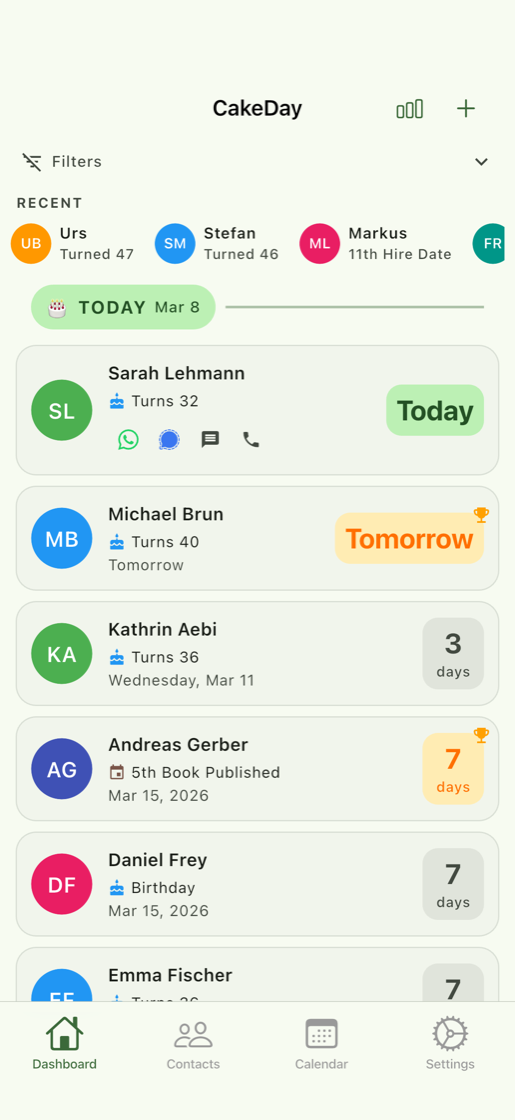 CakeDay dashboard with upcoming birthdays